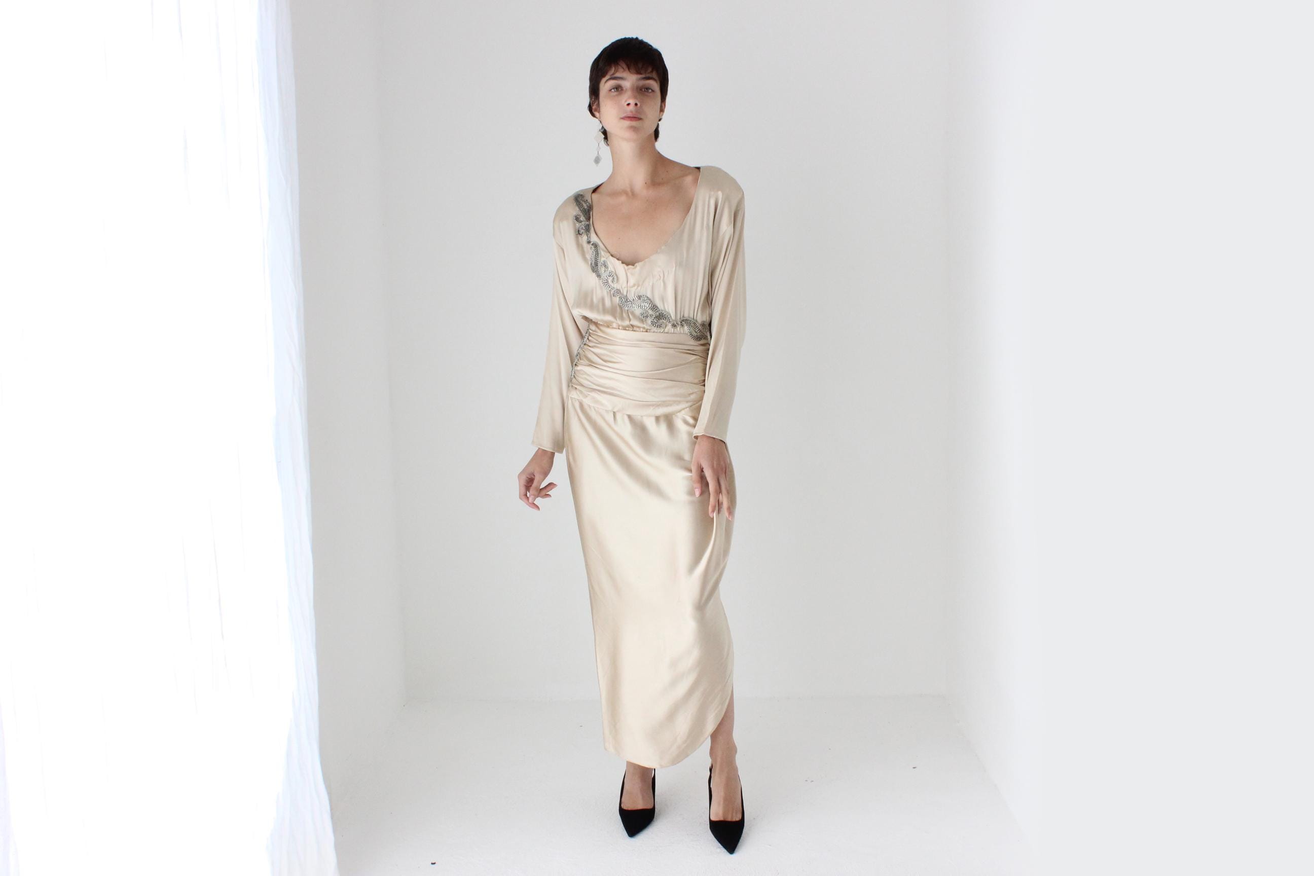 80s Liancarlo x Lillie Rubin Pure Silk Scoop Neck Long Sleeve Draped Cocktail Gown w/ Sequin & Beaded Embellishment 80s Liancarlo x Lillie Rubin Pure Silk Scoop Neck Long Sleeve Draped Cocktail Gown w/ Sequin & Beaded Embellishment