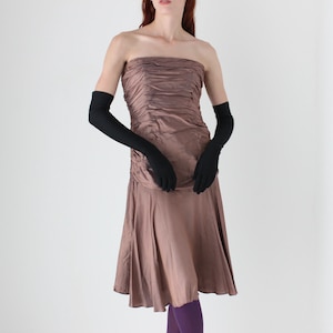 2000s Australian Designer Ruched Crinkle Metallic Strapless Bustier Textured Cocktail Party Dress