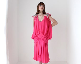 Maximalist 80s Gucci Vibe Dramatic Draped Hot Pink Puff Cocktail Party Dress w Beaded Epaulettes by Mr. K