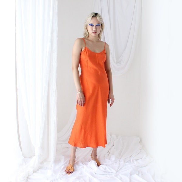 90s Pure Silk Bias Cut Vibrant Orange Spaghetti Strap Slip Dress