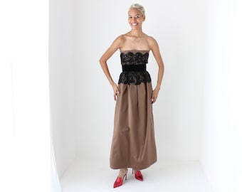 80s Parisian Couture Chocolate Satin & Black Lace Strapless Formal / Cocktail Gown by Guy Laroche, France