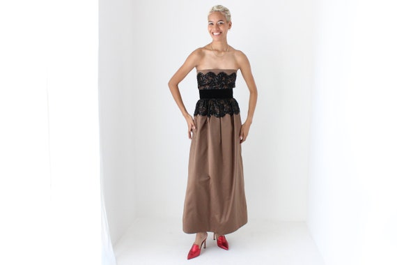80s Parisian Couture Chocolate Satin & Black Lace Strapless Formal / Cocktail Gown by Guy Laroche, France 80s Parisian Couture Chocolate Satin & Black Lace Strapless Formal / Cocktail Gown by Guy Laroche, France