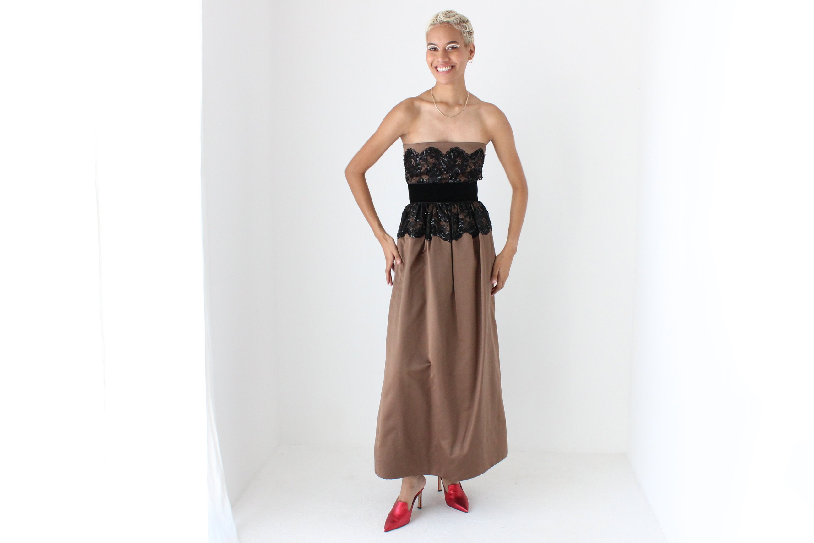 80S Parisian Couture Chocolate Satin & Black Lace Strapless Formal/Cocktail Gown By Guy Laroche, France