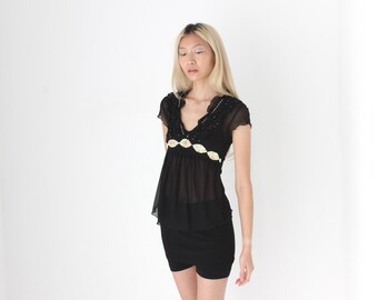 FUTURISM Cute Y2K Black Mesh Babydoll Top