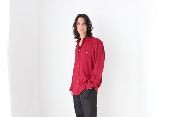 90s Pure Silk Burgundy Textured Relaxed Button Up… - image 4