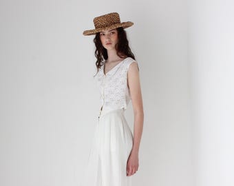 FRENCH COLLECTION Antique Vintage Broderie Anglaise Cotton White Collared Button Front Crop Top