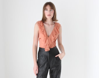 Y2K Designer CATHERINE MALANDRINO Pleated Silk Ruffle V Neck Romantic Fitted Pastel Bustier Top