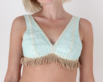 Vintage 50s Burlesque Pastel Sequin Fringe Bralet Bustier Crop Top