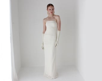 2000er Jahre Nicole Miller Reine weiße Seide Spandex Geraffte Trägerlos Elopement / Empfang / Brautdusche / Hochzeitskleid Cocktailkleid