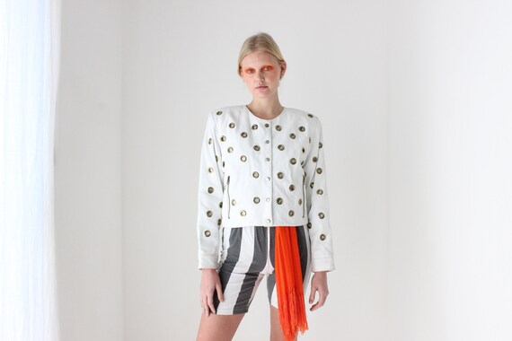 80s White Leather Cropped Jacket W/ Metal Ring Grommet