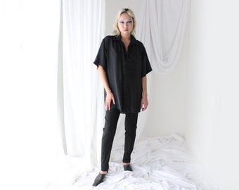 80s PURE SILK Ink Black Boxy Short Sleeve Button Up Oversized Unisex Shirt - Unworn Old Stock