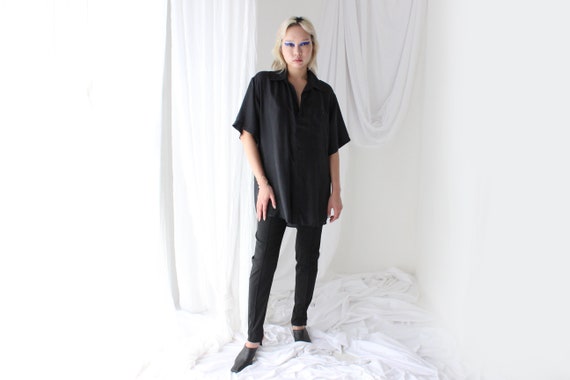 80s PURE SILK Ink Black Boxy Short Sleeve Button … - image 1