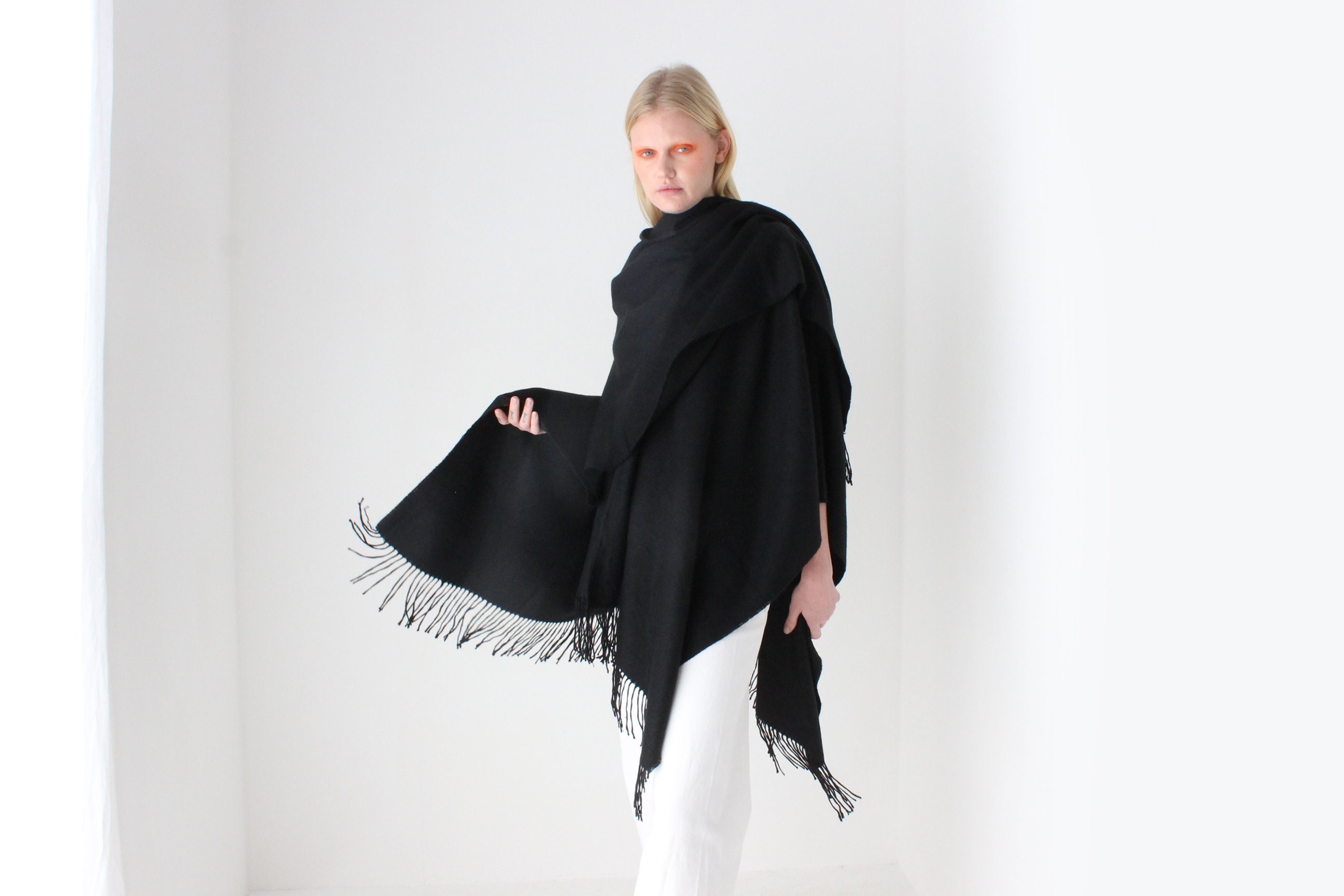 2000s Deadstock Ink Black Wool Blend Free Size Poncho / Shawl / Cardigan / Scarf / Hood / Wrap