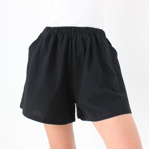 Cotton / Linen Blend Simple Black Elastic High Waist Flared Leg Minimal Shorts image 7