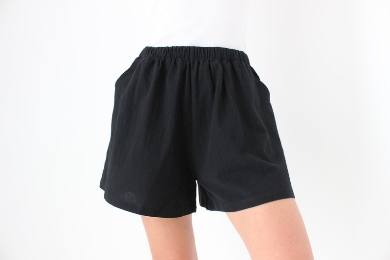 Cotton / Linen Blend Simple Black Elastic High Waist Flared Leg Minimal Shorts image 7