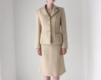 1990s Italian Designer Luisa Beccaria Mohair & Wool Neutral Two Piece Bridal Winter Courthouse / Reception Wedding Skirt Suit