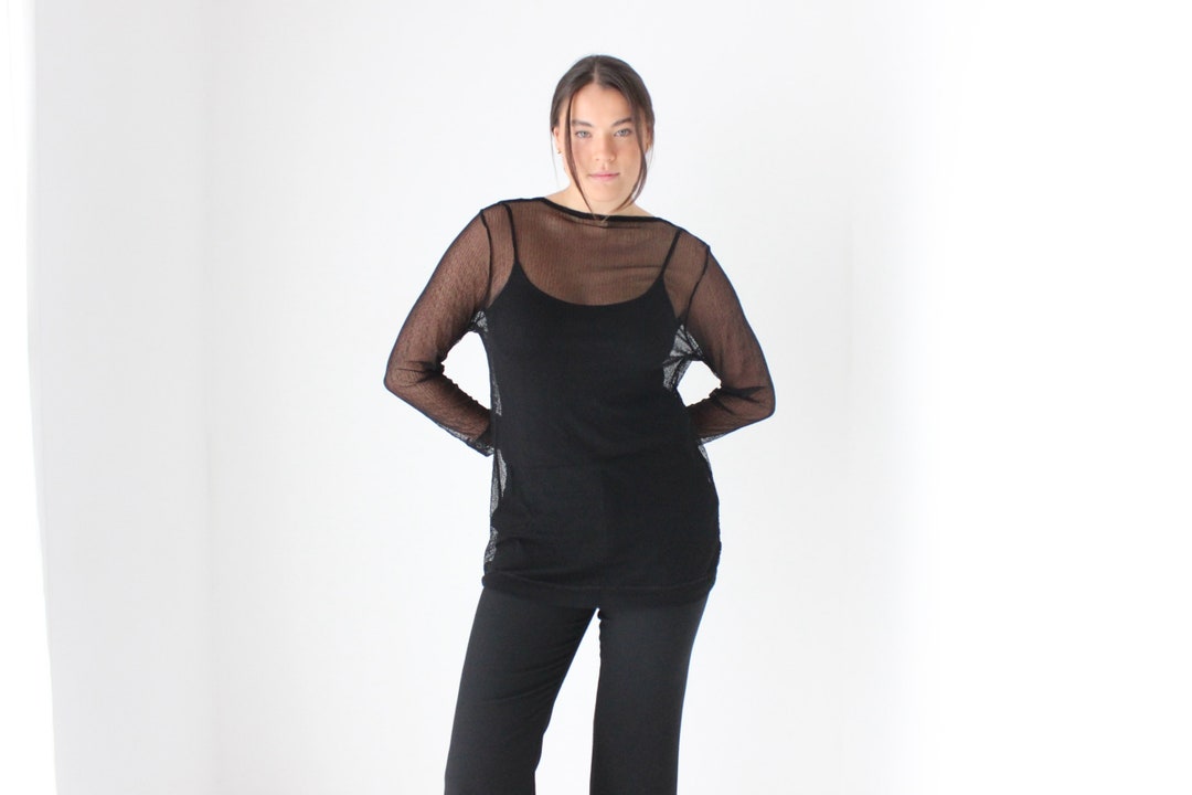 90s Fishnet Mesh Minimal Sexy Black Futuristic Sheer Long Sleeve Top - Etsy