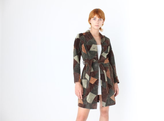 90s Does 70s Suede Patchwork Leather Belted Trench