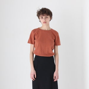 80s Adrienne Vittadini Terracotta Angora Wool Knit Crew Neck Fitted Short Sleeve Sweater Tee Top