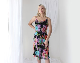 Robe de soirée cocktail fleurie à bretelles fines en soie pure Y2K