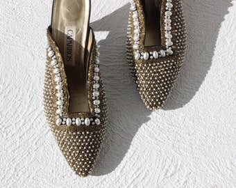 80s Pearl & Gold Bead Metallic Kitten Heel Court Shoes ~ Euro 40