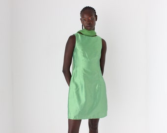 90s Iridescent Green Textured Silk-Look Mini Shift Dress