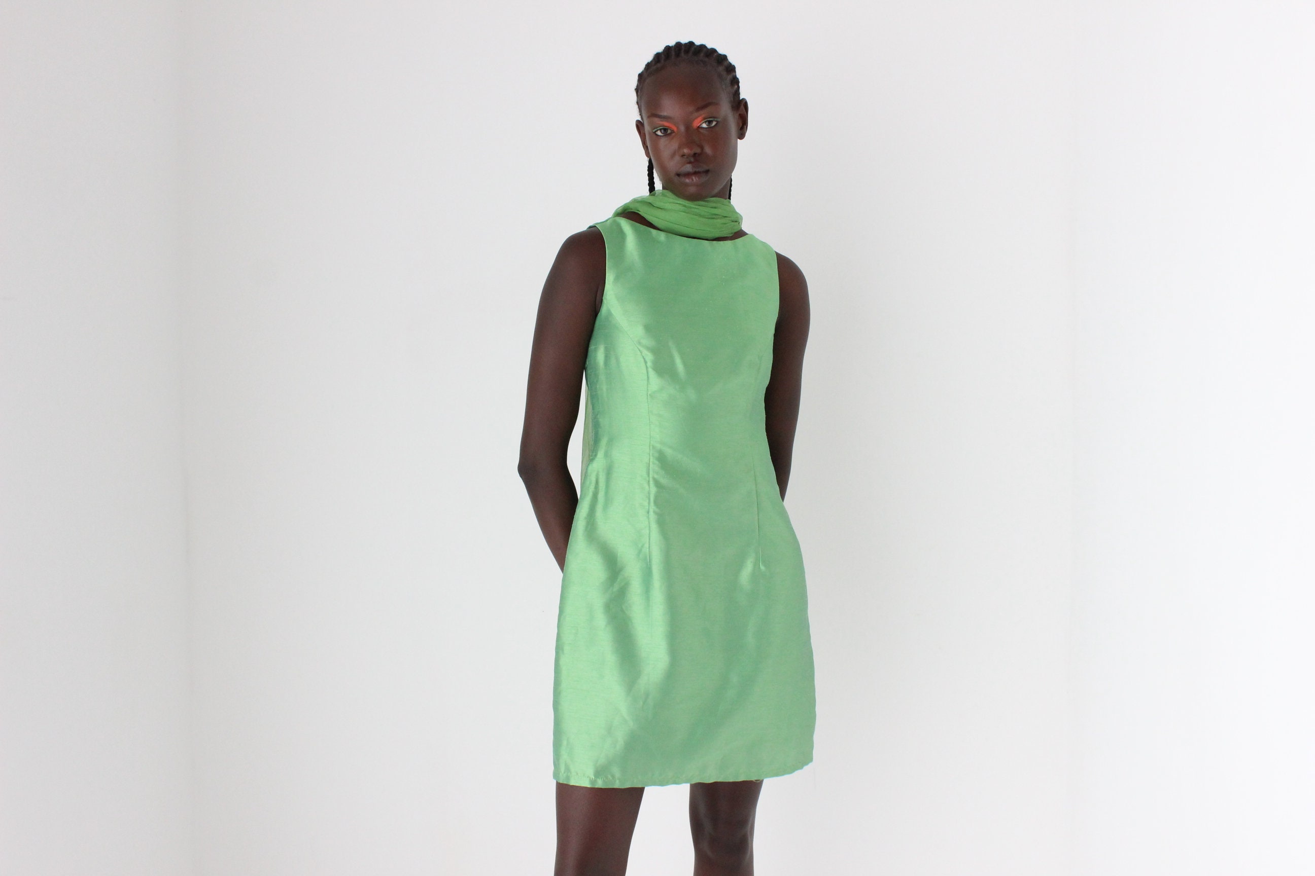 90s Iridescent Green Textured Silk-look Mini Shift Dress - Etsy