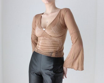 90s Sheer Caramel Burnout Mesh Flare Sleeve Plunge Neck Top