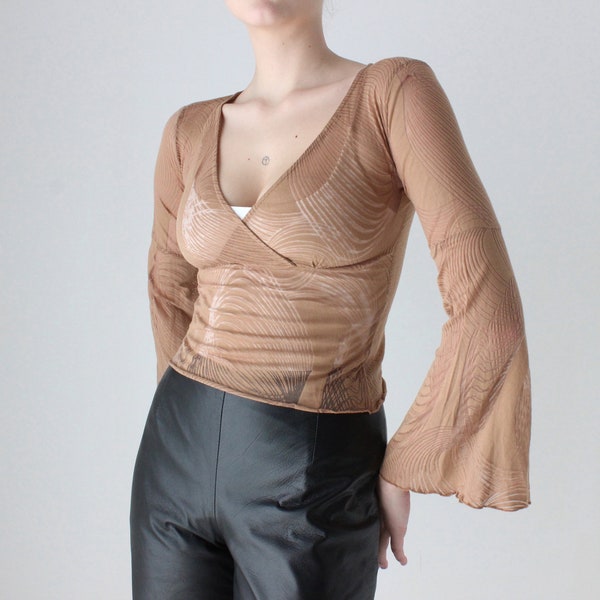 90s Sheer Caramel Burnout Mesh Flare Sleeve Plunge Neck Top