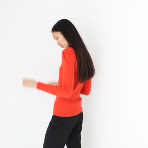 Y2K Angora Blend Bright Orange Ribbed Stretch Knit Crew Neck Fitted Sweater Top image 6