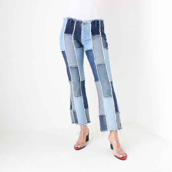 Y2K Frayed Denim Patchwork Cropped Kick Flare Jeans By Zana Di
