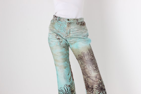 パンツ Just Cavalli Deconstructed Denim Jeans Y2K Just Cavalli Enchanted Fairy Print Distressed Tulle Cropped