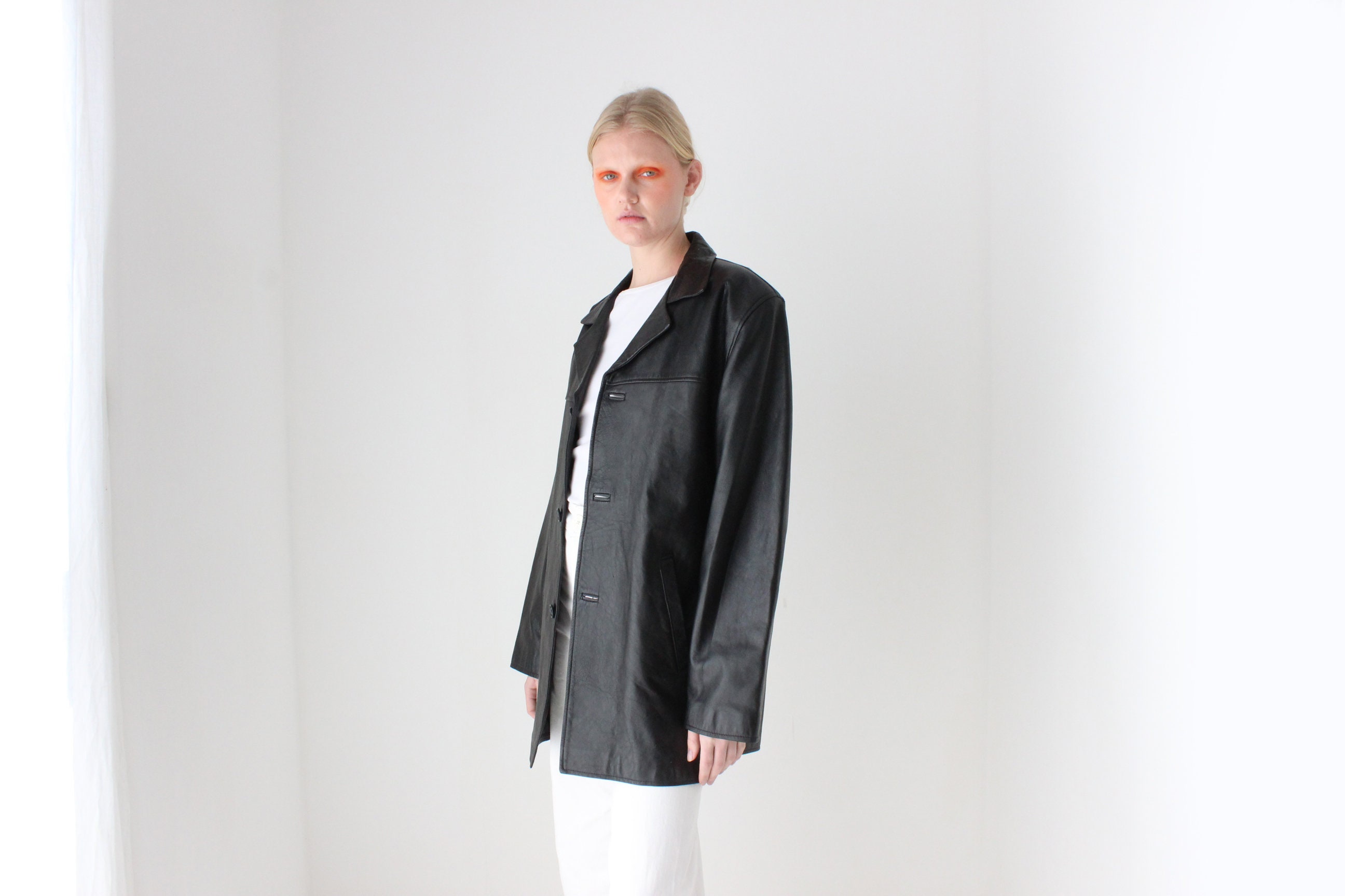 90s Black Leather SIRICCO Classic, Minimal Button up Boxy Pea Coat