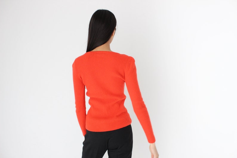 Y2K Angora Blend Bright Orange Ribbed Stretch Knit Crew Neck Fitted Sweater Top image 7