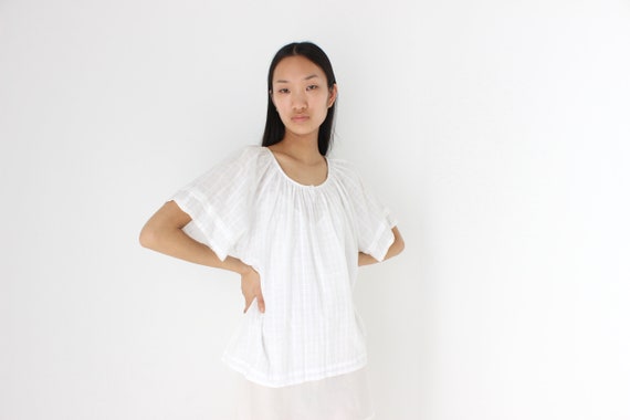 90s Simple Cotton Gauze Flutter Sleeve Smock Top