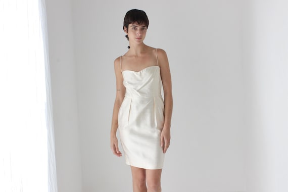 80s Donna Karan Vintage Pearlescent Ivory Raw Silk Bridal Mini Dress 80s Donna Karan Vintage Pearlescent Ivory Raw Silk Bridal Mini Dress