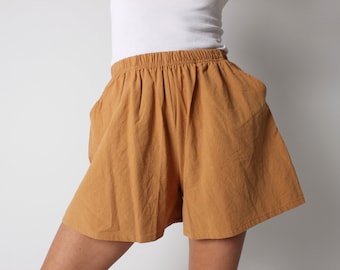 Cotton / Linen Simple Earthy Marigold Yellow Elastic High Waist Flared Leg Minimal Shorts