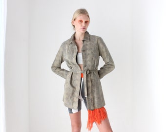 90s {REAL LEATHER} Snakeskin Python Texture Minimal Coat / Jacket w/ Tie Waist