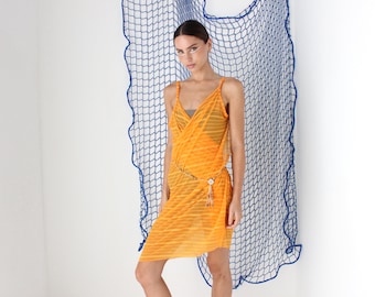 FOUND IN GREECE Funky Mesh Experimental Plunge Neck / Wrap Dress / Summer Beach Cover Up