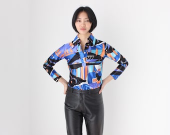 70s Disco Kitten Abstract Printed Shiny Stretch Long Sleeve Fitted Collared Blouse / Shirt / Crop Top