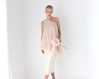 Dreamy 2000s Vintage Vera Wang Blush Pink One Shoulder Pure Silk Asymmetric Draped Top