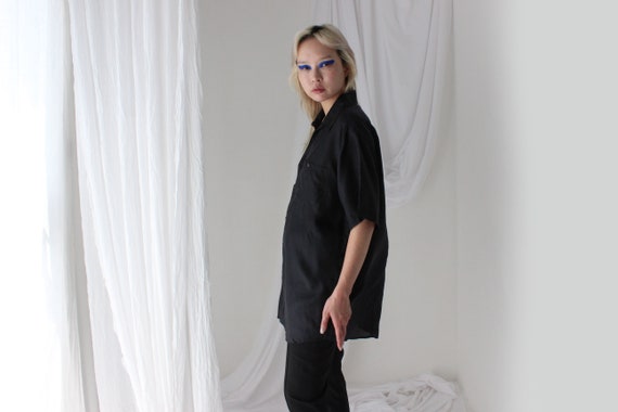 80s PURE SILK Ink Black Boxy Short Sleeve Button … - image 7