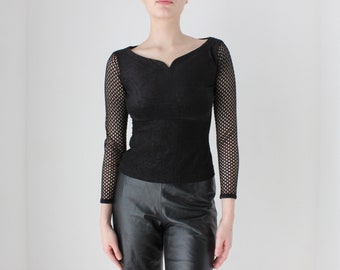 BALLETCORE 90s Goth Velour & Fishnet Stretch Long Sleeve Top