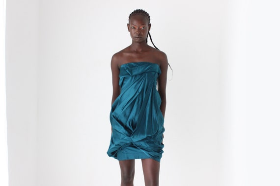 Y2k Donna Karan Origami Paper & Metallic Avant Garde Structured Sculptural 3D Knot Twist Texture Strapless Cocktail Party Dress