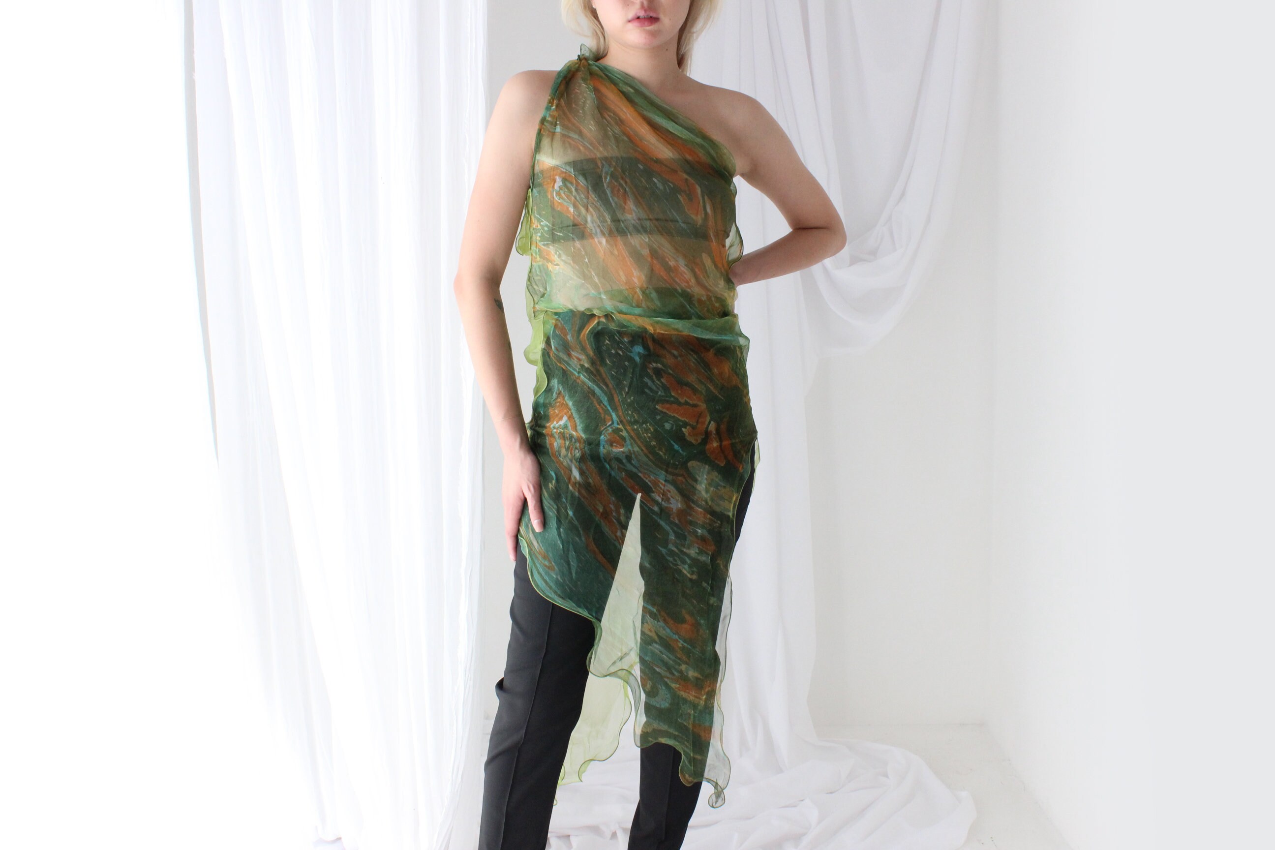 Y2K Pure Silk Chiffon Abstract Curly Hem Experimental Sheer