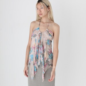 FUTURISM Y2K Pure Silk Floral Georgette Printed Draped Halter Top w/ Jagged Hem
