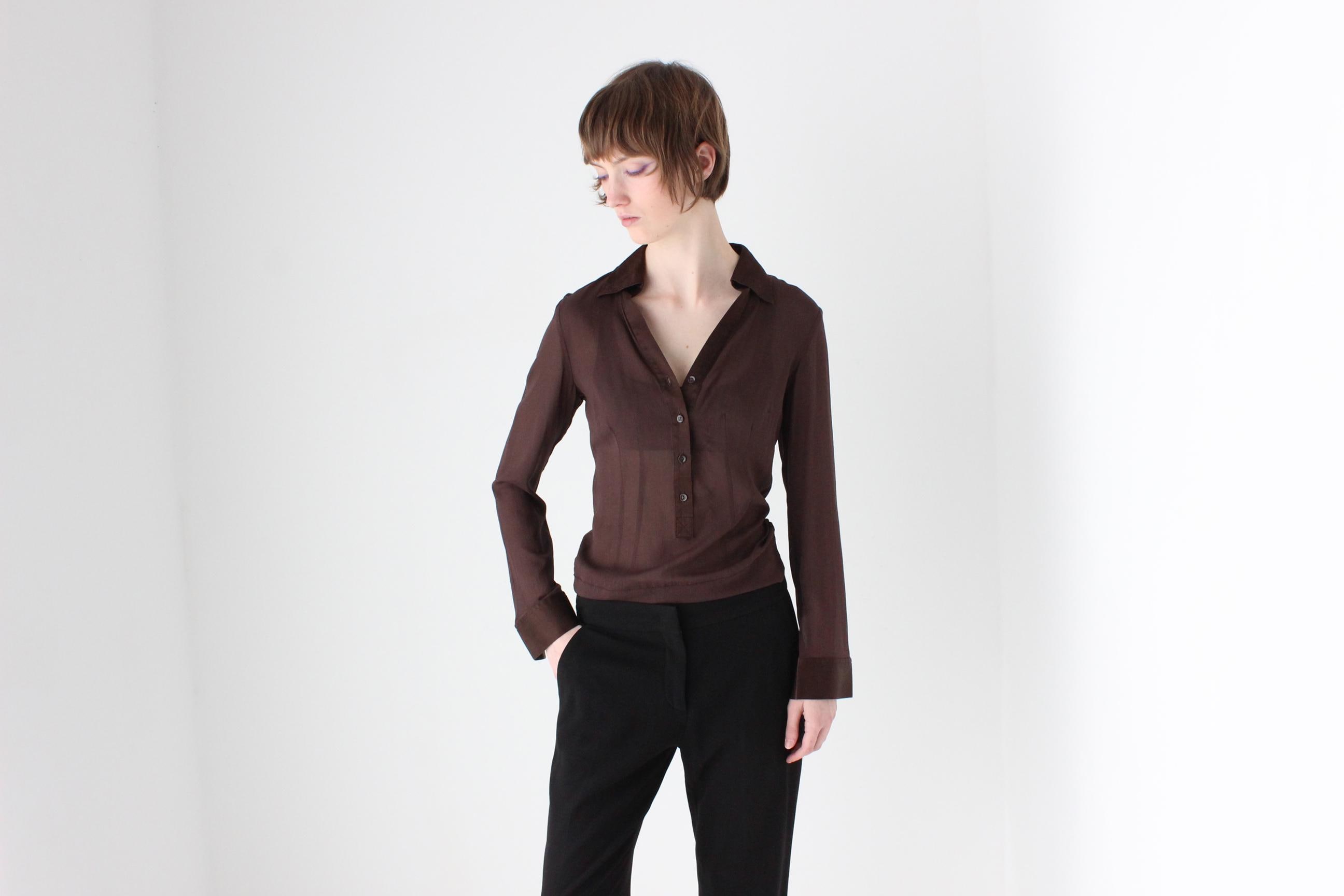 Chemisier/chemise boutonné CUE en crêpe de Chine de soie chocolat