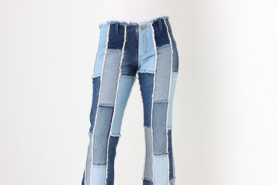 Y2K Frayed Denim Patchwork Cropped Kick Flare Jea… - image 2