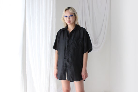 80s PURE SILK Ink Black Boxy Short Sleeve Button … - image 3