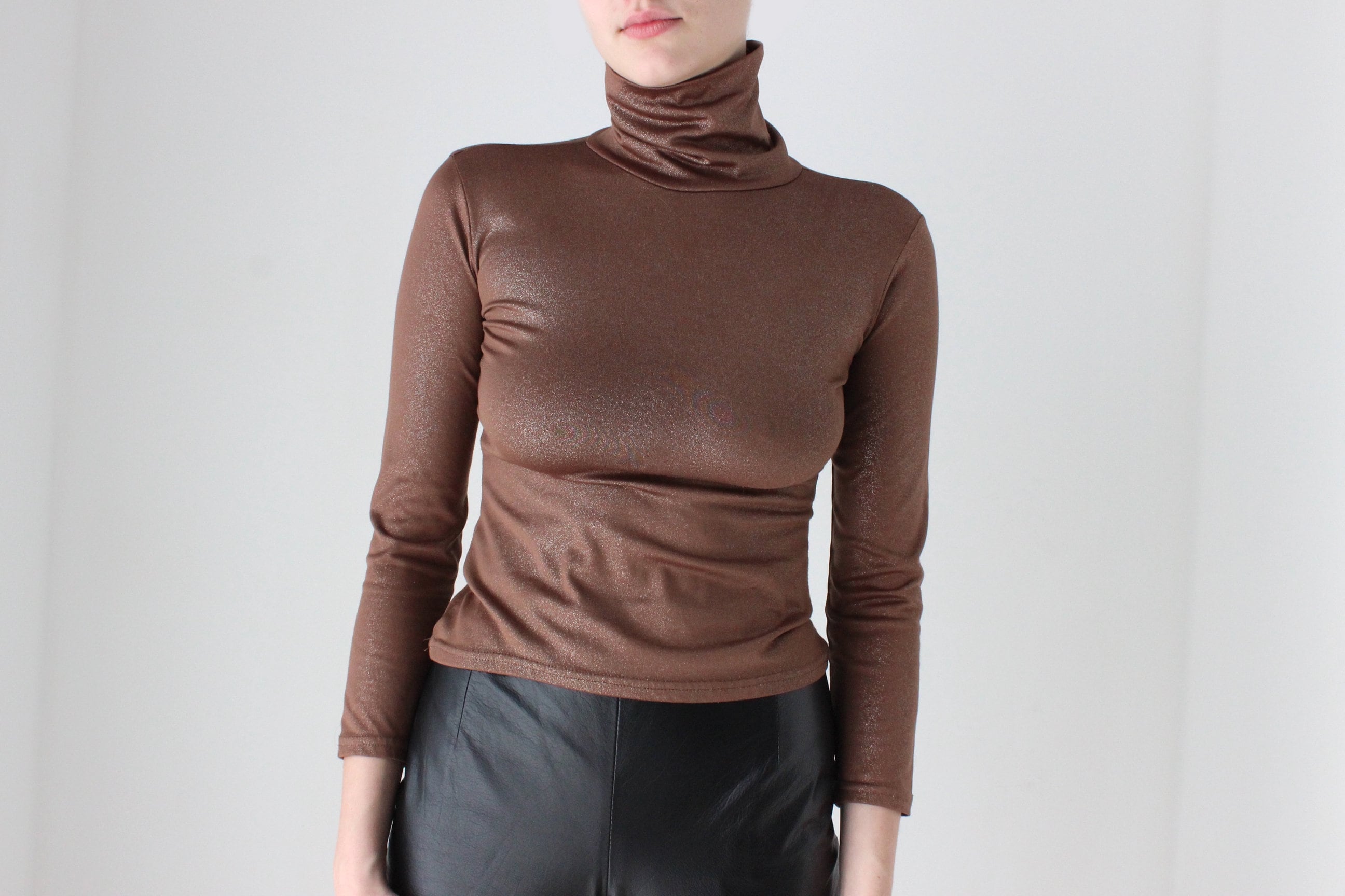 90s Chocolate Glitter Knit Stretch Fitted Ribbed Minimal Polo 